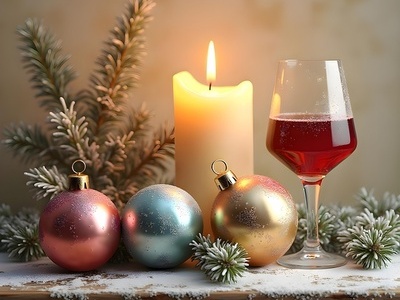 Weihnachtskugeln, Kerze und Glas Weihnachtskugeln, Kerze und Glas
